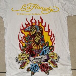 VTG Ed Hardy Shirt Fire Tiger Eagle Flower Rhinestone Y2K Men L White Art 20x27